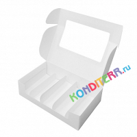 Коробка для эклеров с разделителем Белая с окном, 5 ячеек, 25*15*6,5 см